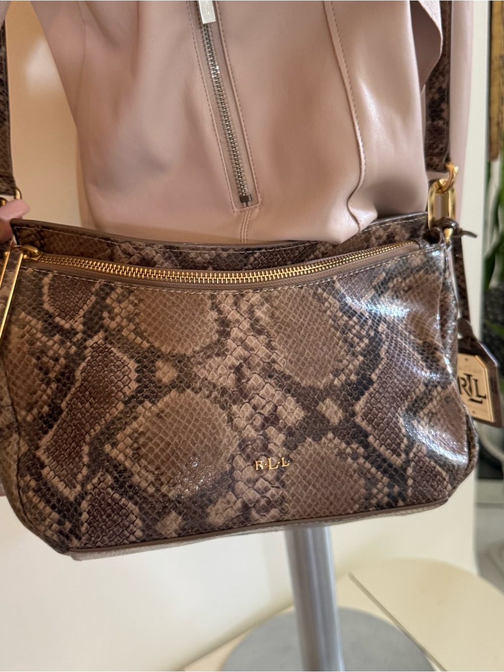 Ralph Lauren Brown Snake-Print Shoulder Bag with Gold Hardware